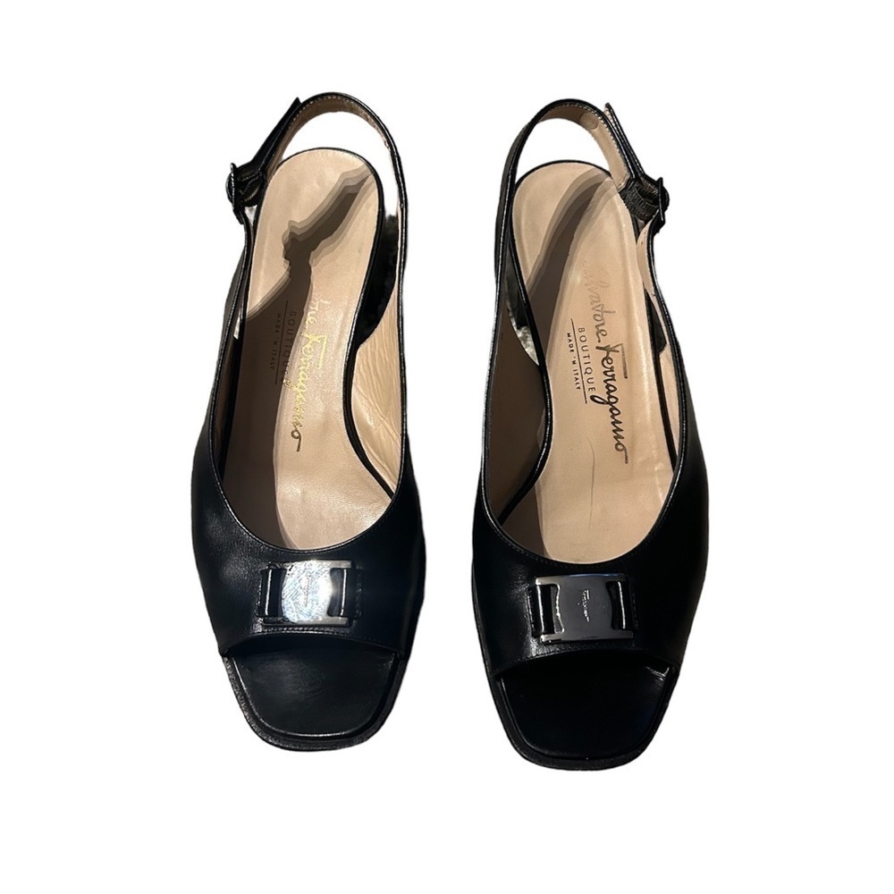 SALVATORE Ferragamo Slingback Flats Black Leather Open Toe Size 7 $495
